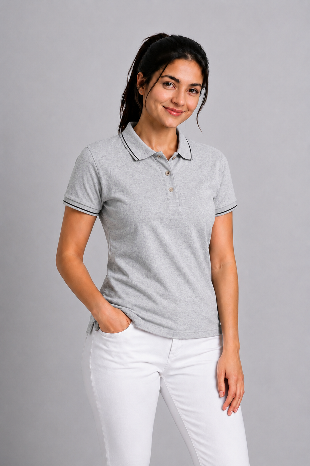 Attire Hub Womens Pure Cotton Grey (Black Tipping) Solid Polo T-Shirt