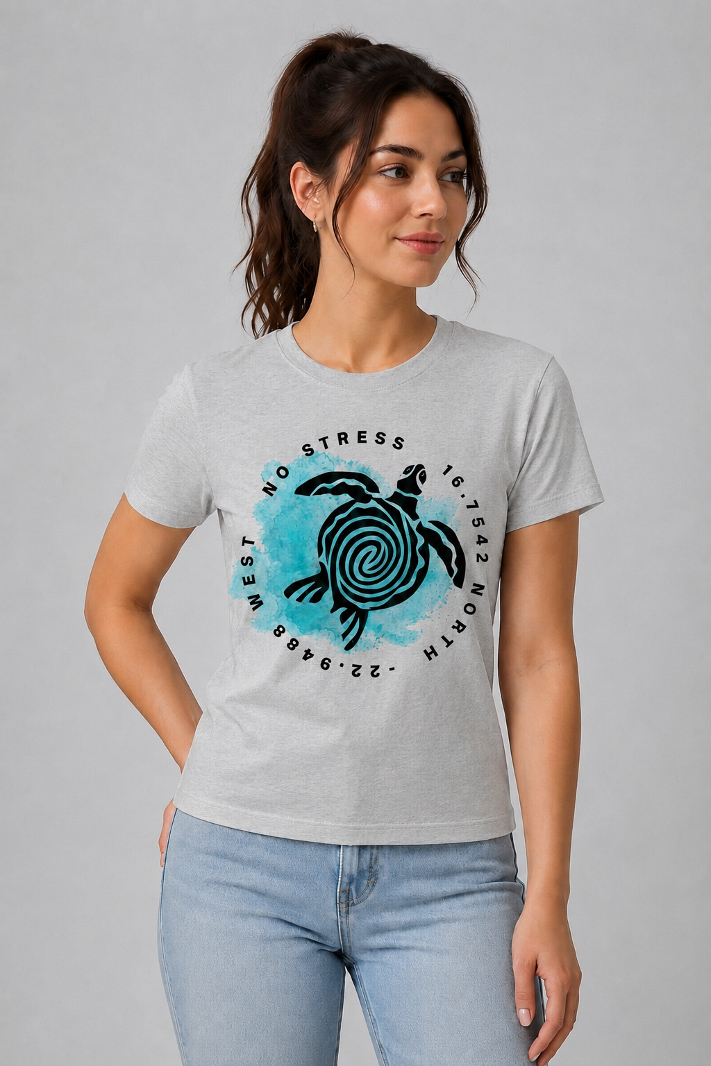 Attire Hub Womens Pure Cotton Grey Turtle Printed Round T-Shirt