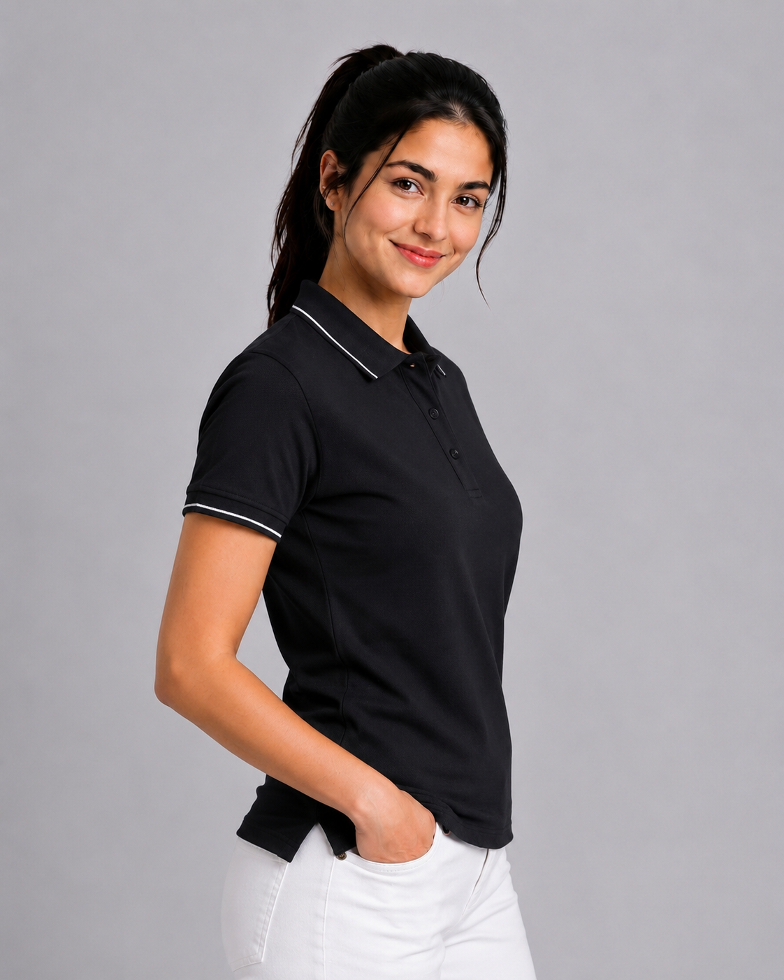 Attire Hub Womens Pure Cotton Black (White Tipping) Solid Polo T-Shirt