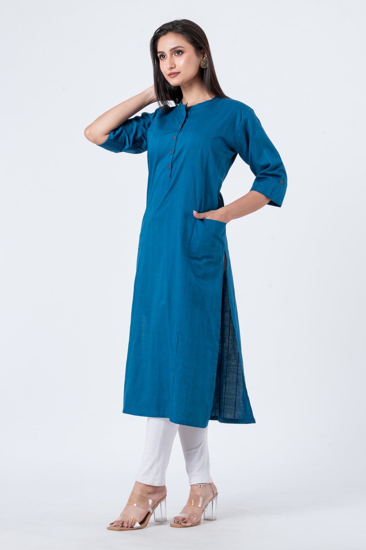 Attire Hub Womens Pure Cotton Blue Solid Kurti