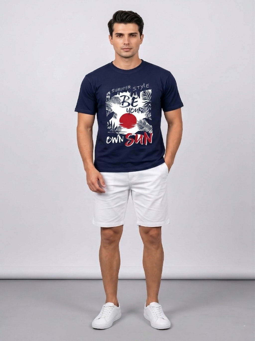 Attire Hub Mens Pure Cotton Navy Summer Style Printed Round T-Shirt