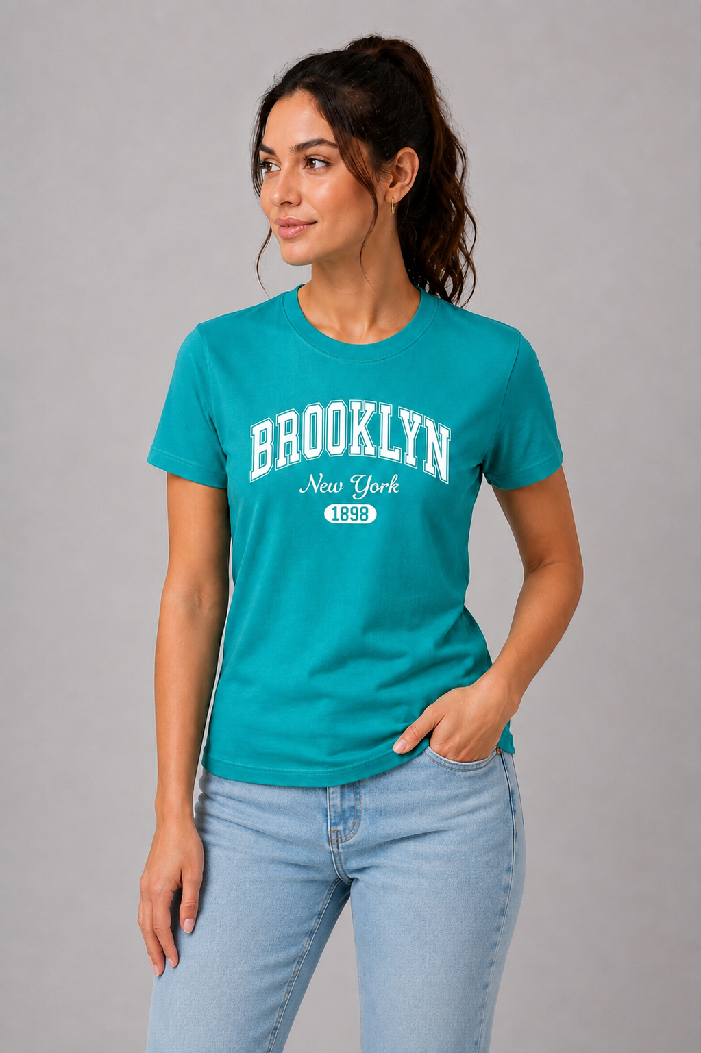 Attire Hub Womens Pure Cotton Teal Brroklyn Printed Round T-Shirt