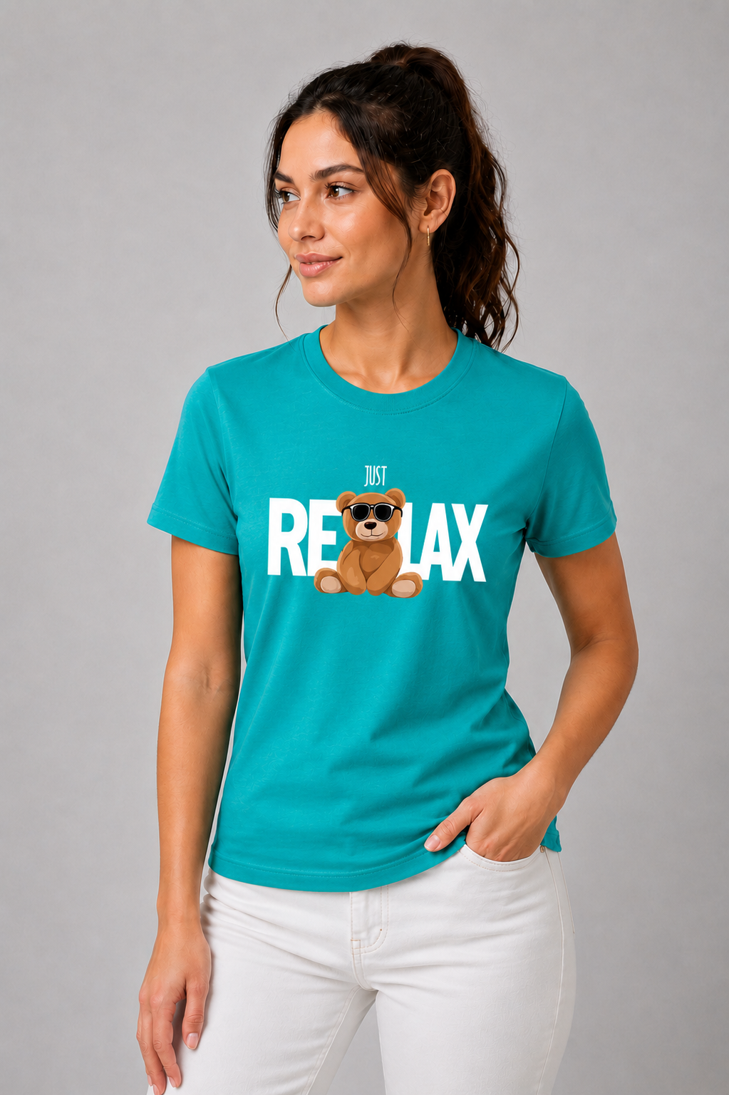 Attire Hub Womens Pure Cotton Teal Relax Printed Round T-Shirt