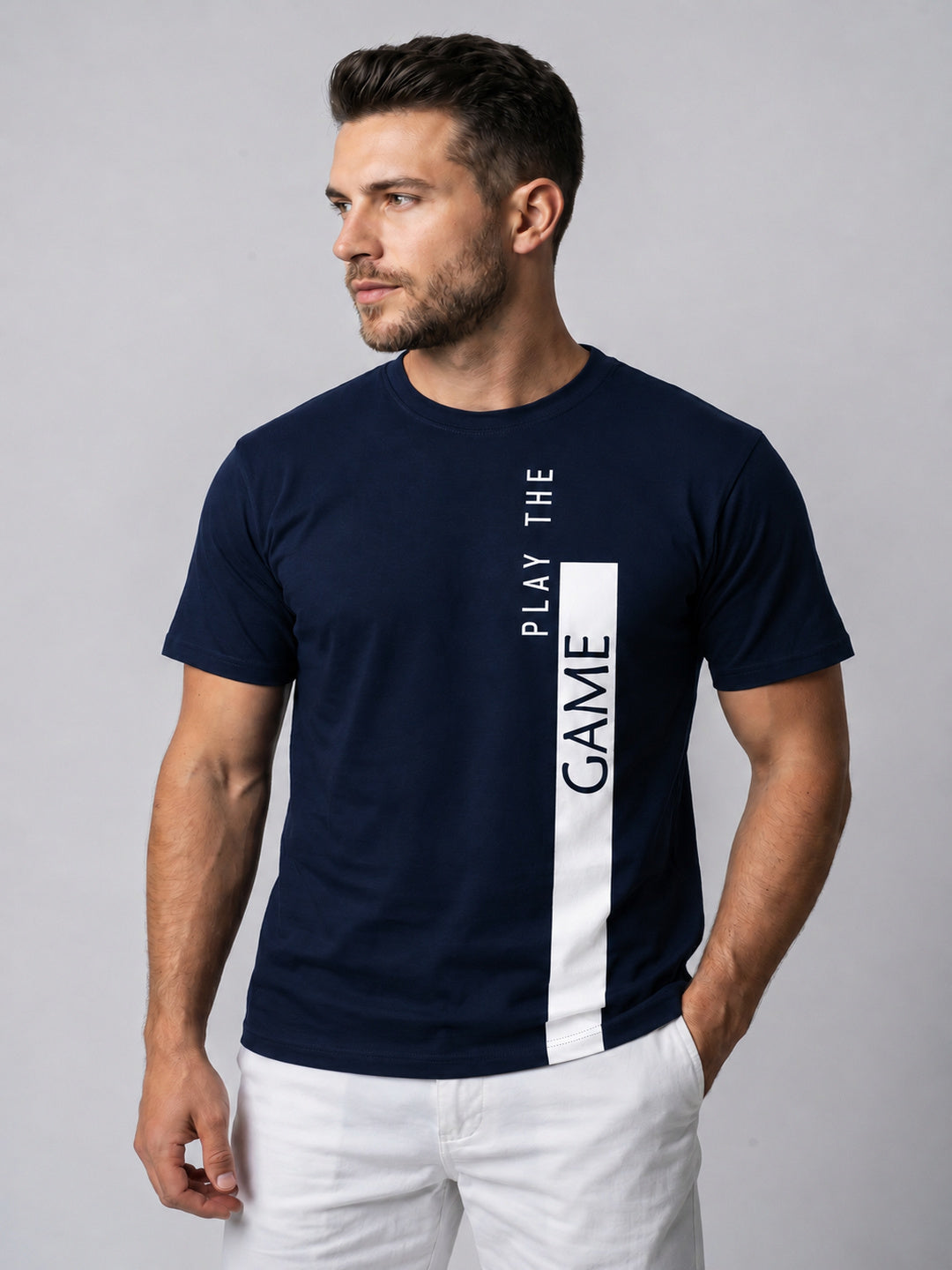 Attire Hub Mens Pure Cotton Navy Play The Game Printed Round T-Shirt