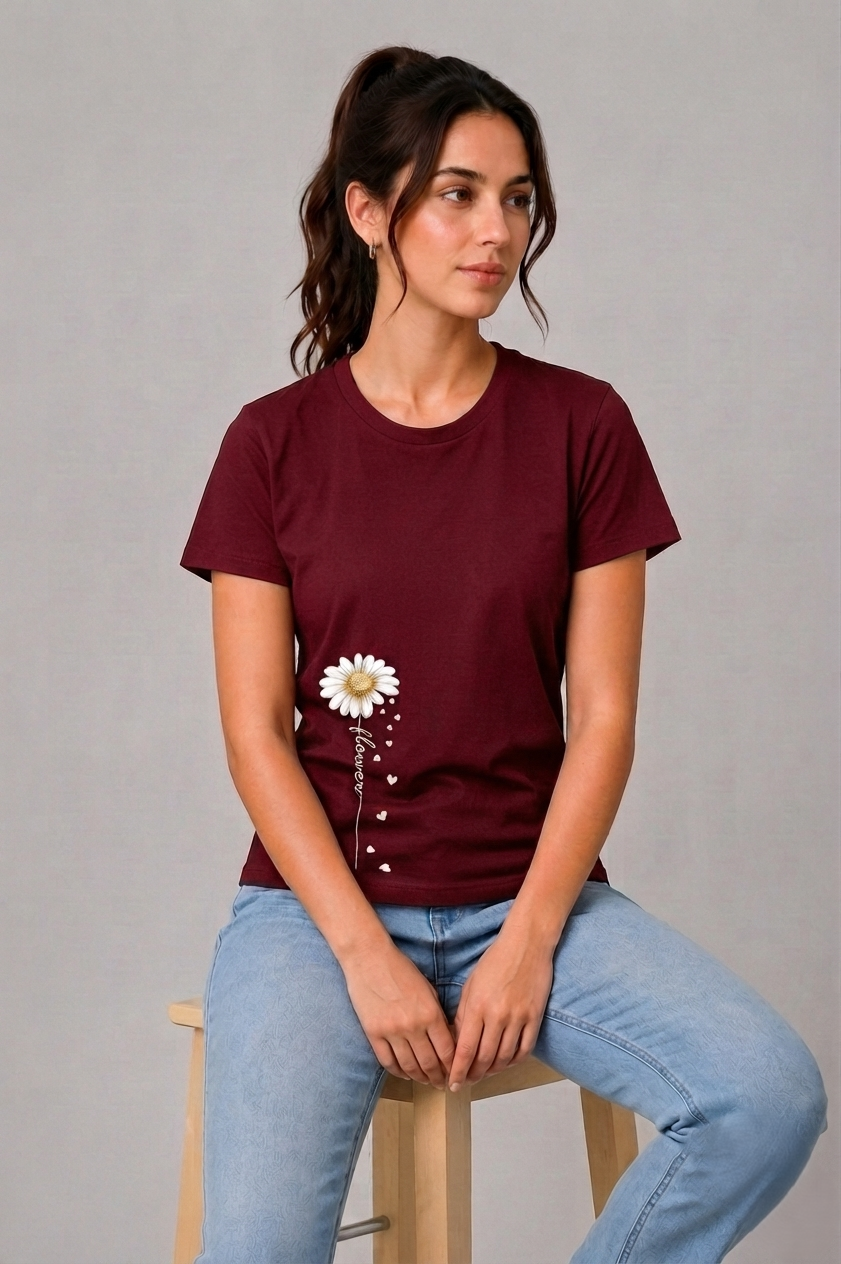 Attire Hub Womens Pure Cotton Maroon Long Daisy Printed Round T-Shirt