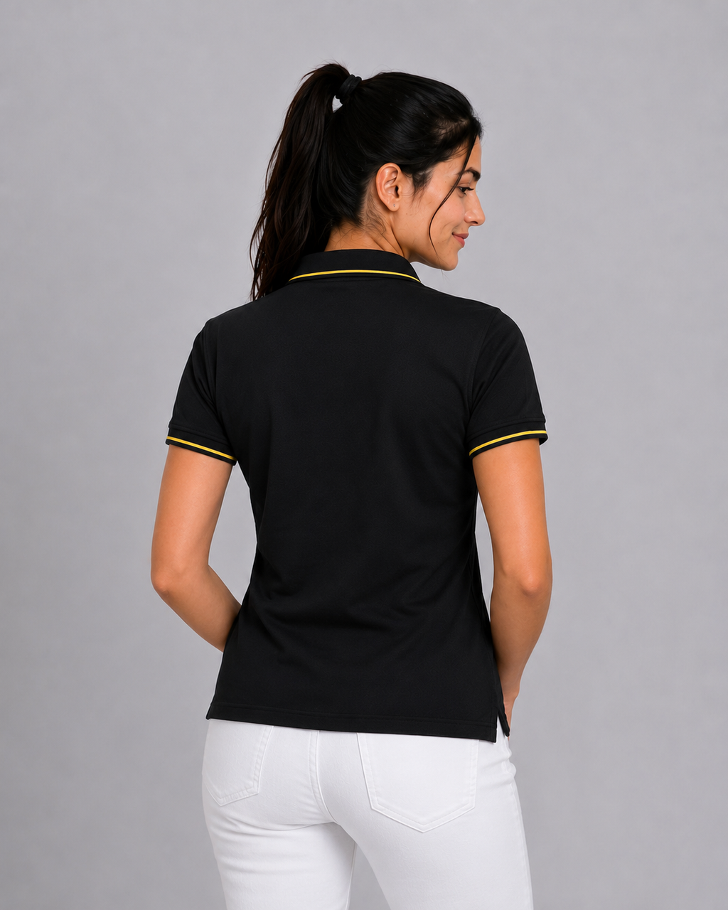 Attire Hub Womens Pure Cotton Black (Yellow Tipping) Solid Polo T-Shirt