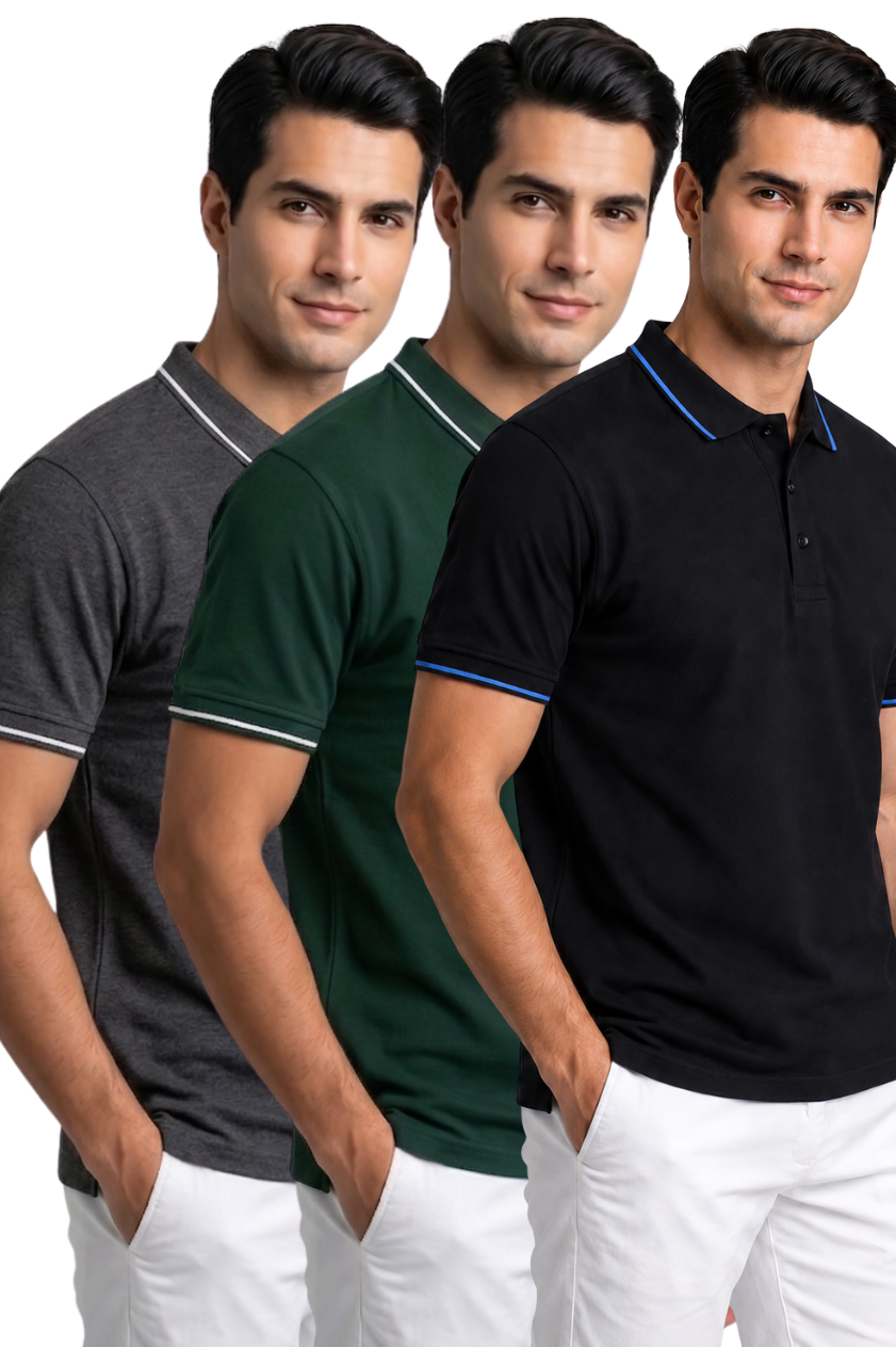 Attire Hub Mens Pure Cotton Multi Pack Polo Polo T-Shirt (Pack of 3)