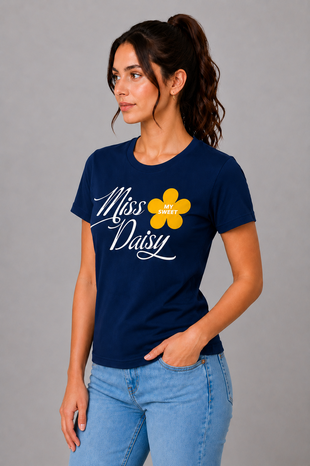 Attire Hub Womens Pure Cotton Navy Blue Miss Daisy Printed Round T-Shirt