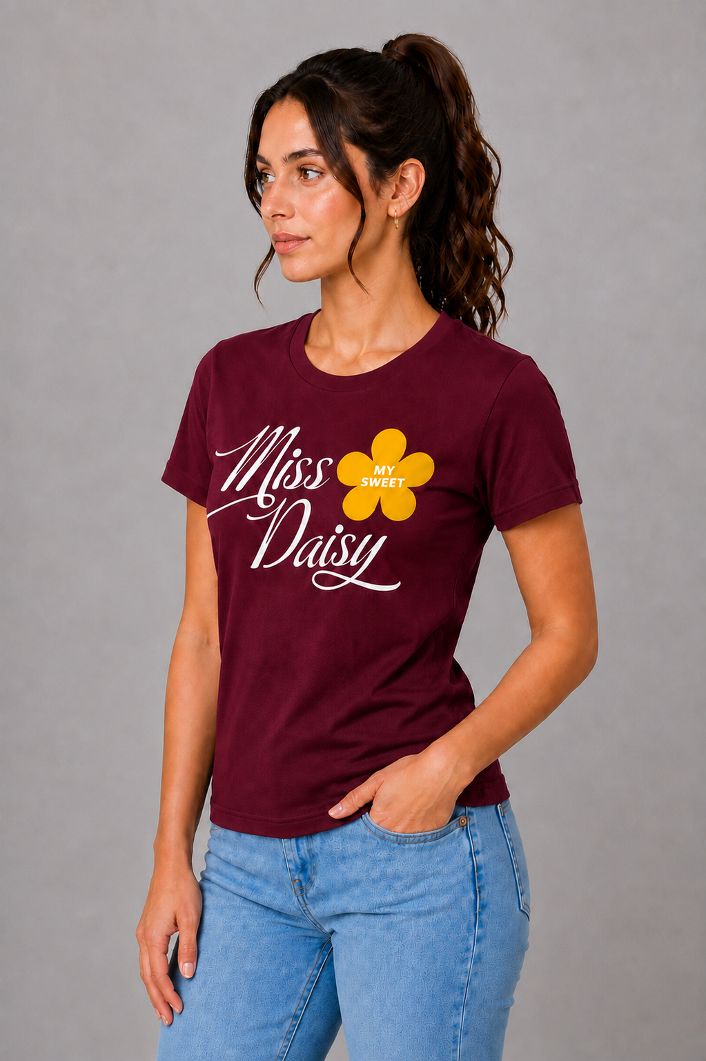 Attire Hub Womens Pure Cotton Maroon Miss Daisy Printed Round T-Shirt