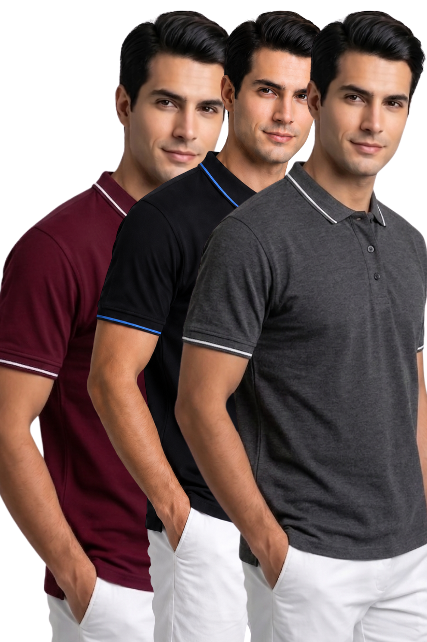Attire Hub Mens Pure Cotton Multi Pack Polo Polo T-Shirt (Pack of 3)