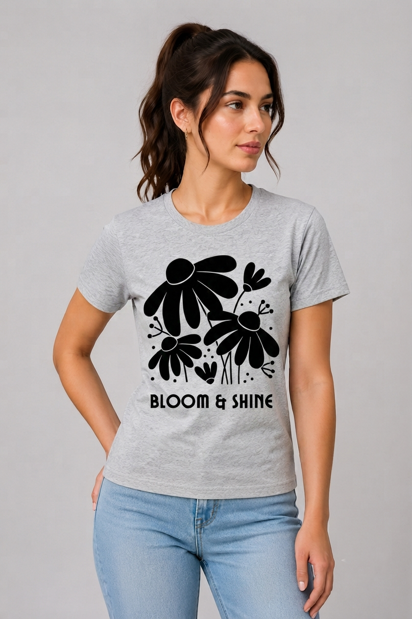 Attire Hub Womens Pure Cotton Grey Bloom and Shine Printed Round T-Shirt