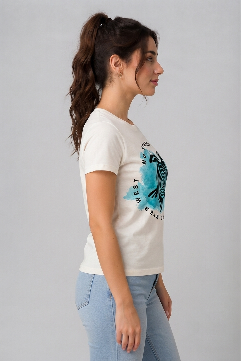 Attire Hub Womens Pure Cotton White Turtle Printed Round T-Shirt