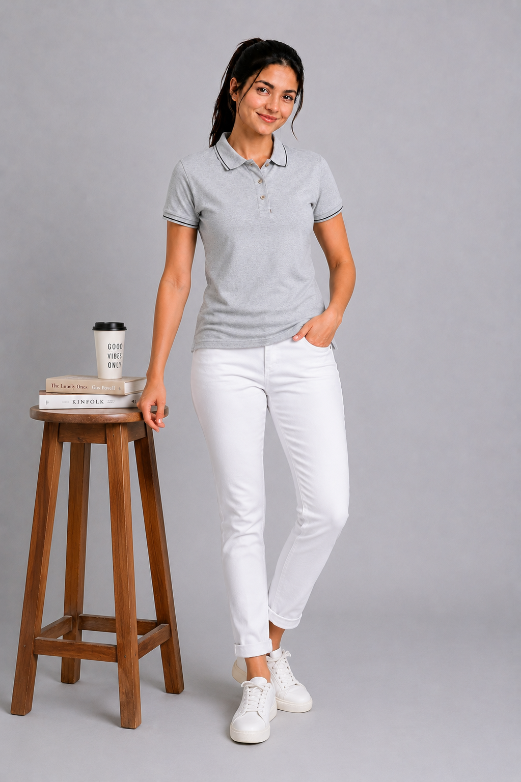 Attire Hub Womens Pure Cotton Grey (Black Tipping) Solid Polo T-Shirt