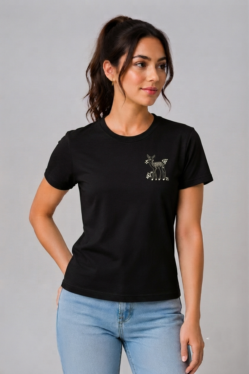 Attire Hub Womens Pure Cotton Black Deer Printed Round T-Shirt