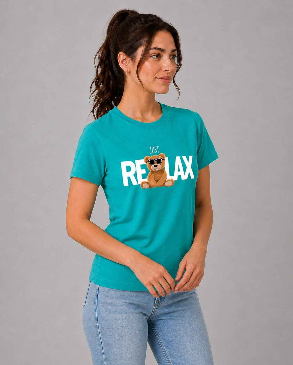 Attire Hub Womens Pure Cotton Teal Relax Printed Round T-Shirt