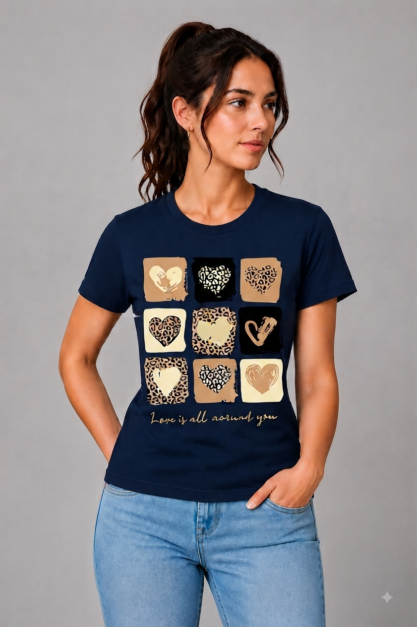 Attire Hub Womens Pure Cotton Navy Blue Heart Printed Round T-Shirt