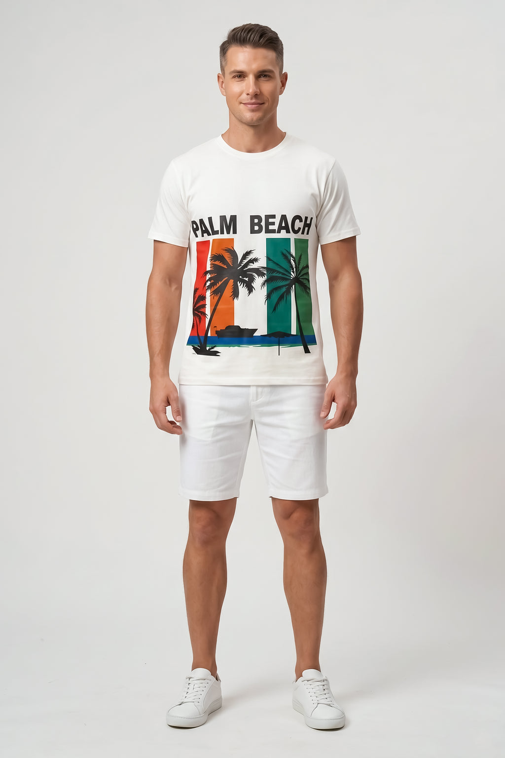 Attire Hub Mens Pure Cotton White Palm Beach Printed Round T-Shirt