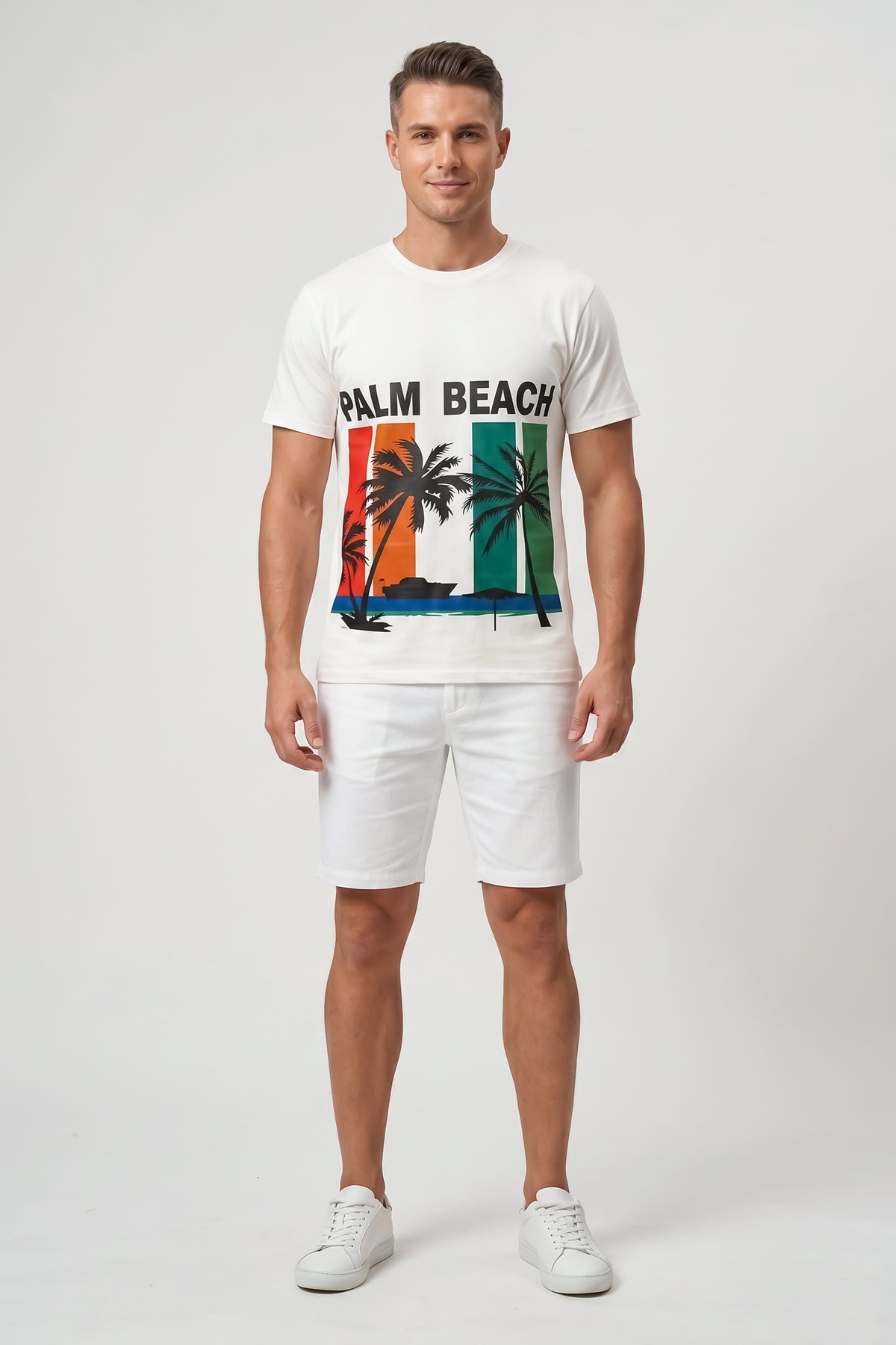 Attire Hub Mens Pure Cotton White Palm Beach Printed Round T-Shirt
