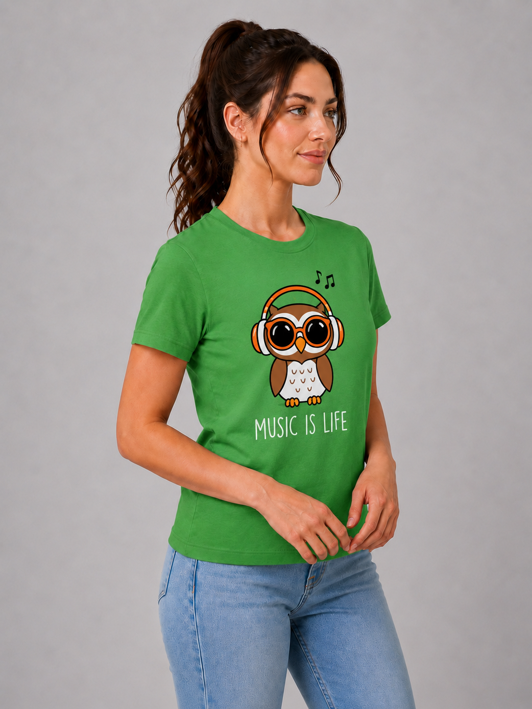 Attire Hub Womens Pure Cotton Grass Green Owl Printed Round T-Shirt
