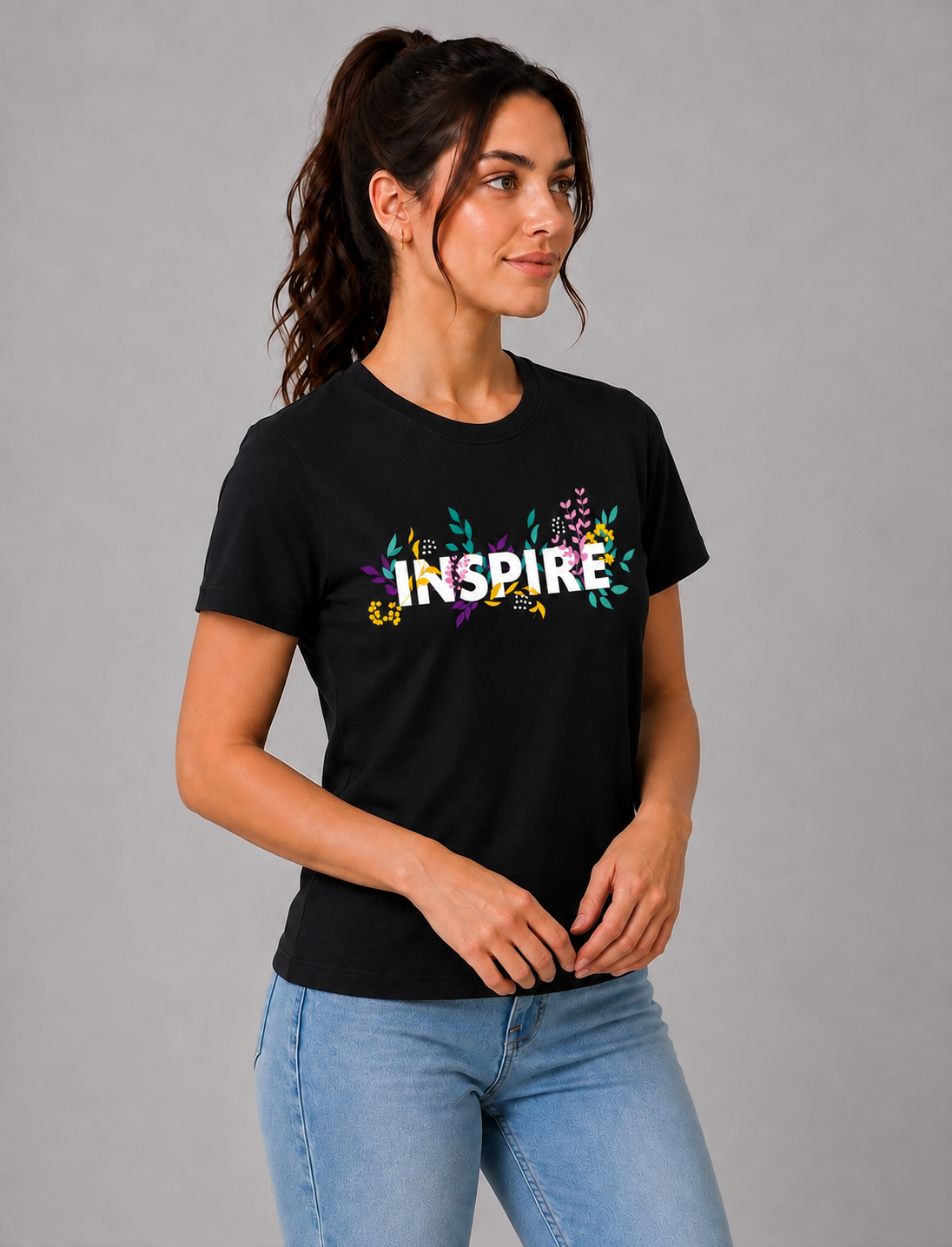 Attire Hub Womens Pure Cotton Black Inspire Printed Round T-Shirt