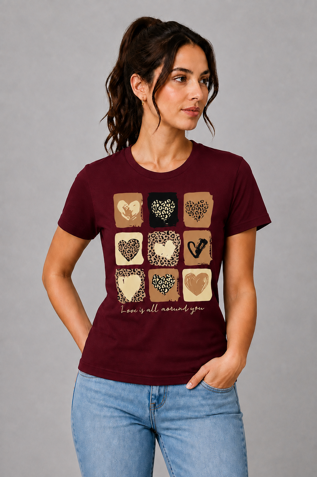 Attire Hub Womens Pure Cotton Maroon Heart Printed Round T-Shirt