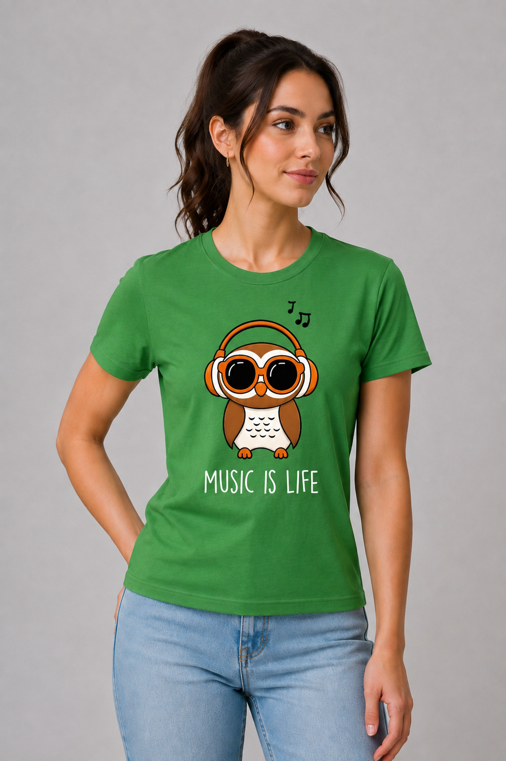 Attire Hub Womens Pure Cotton Grass Green Owl Printed Round T-Shirt