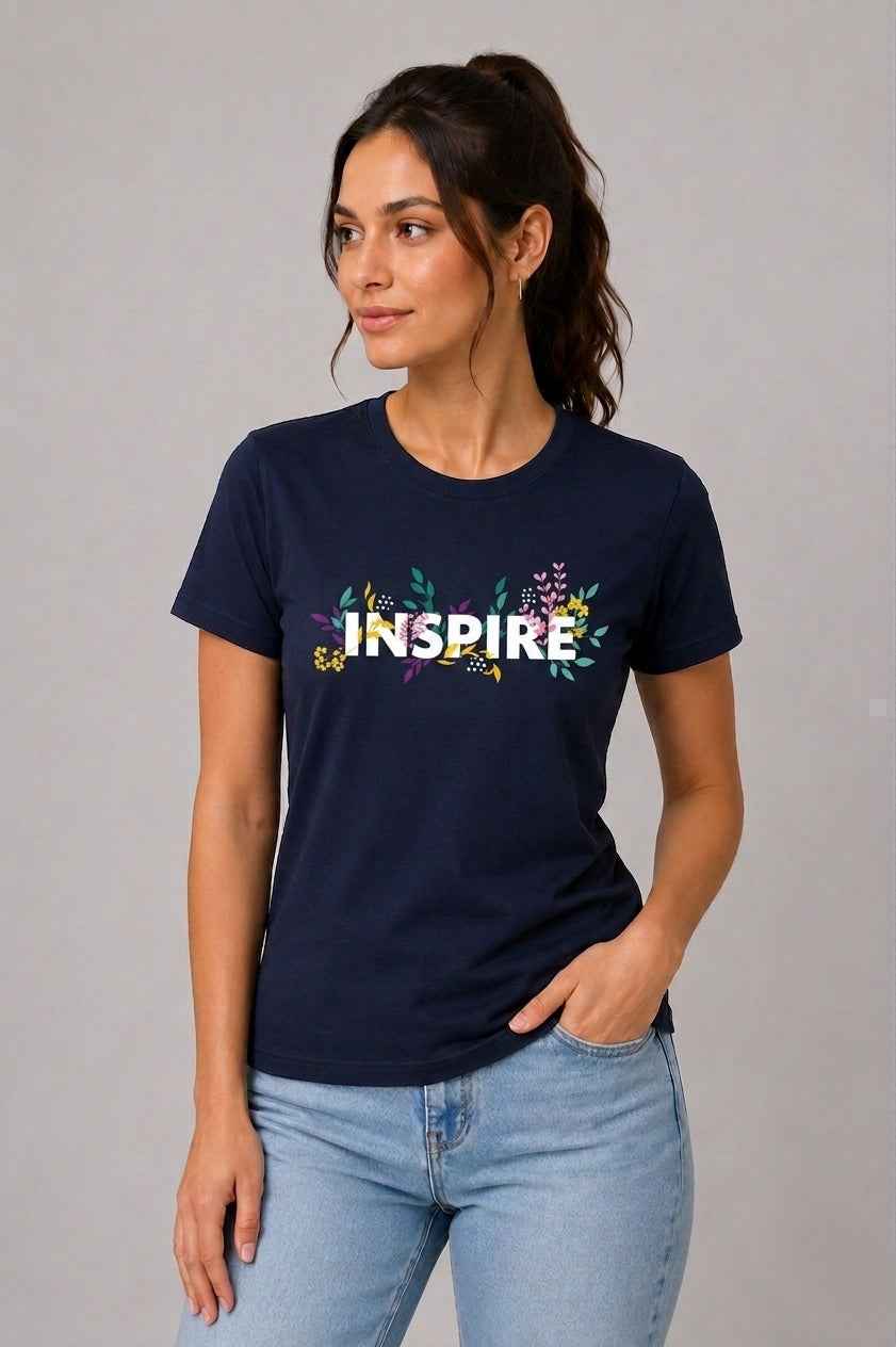 Attire Hub Womens Pure Cotton Navy Blue Inspire Printed Round T-Shirt