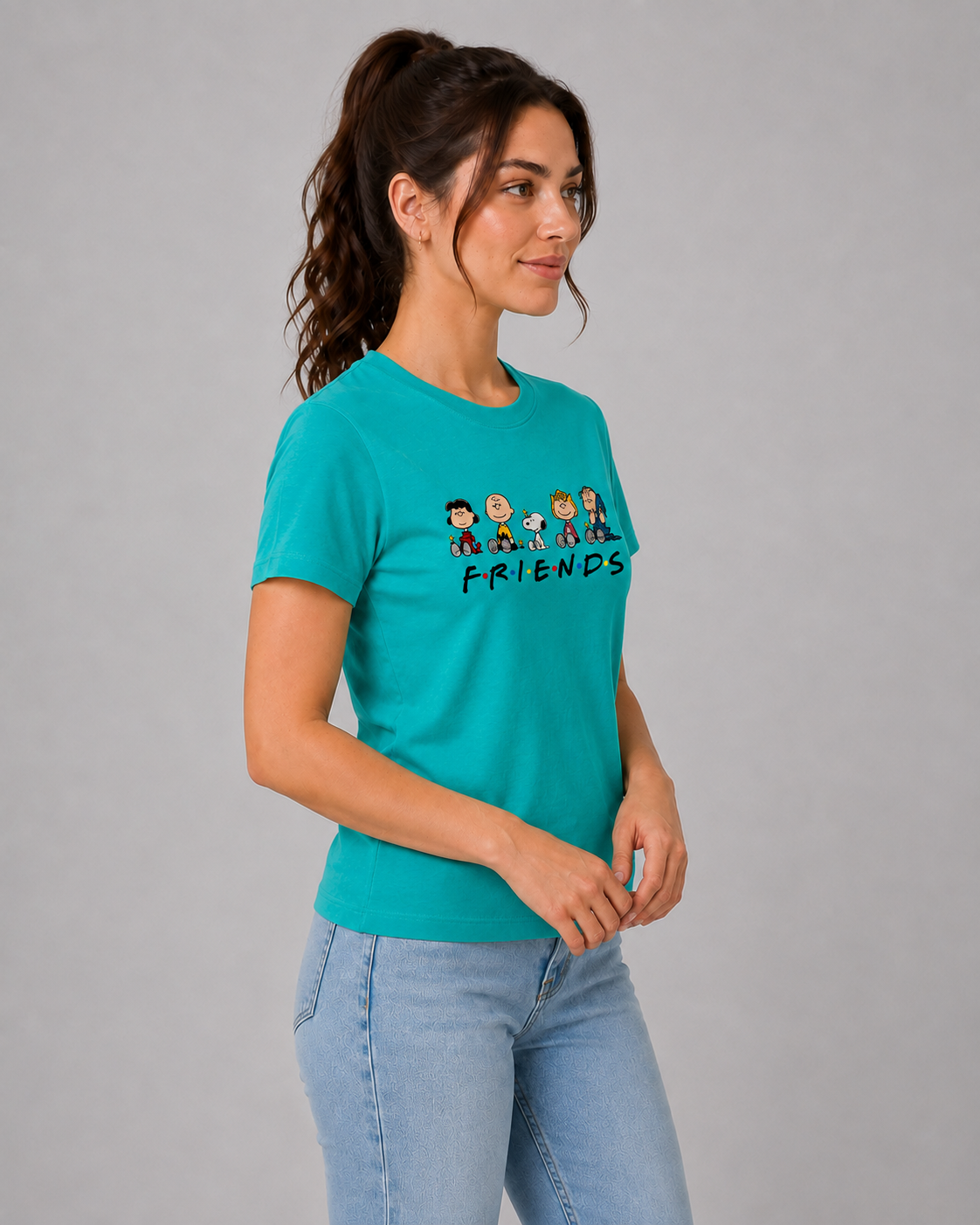 Attire Hub Womens Pure Cotton Teal Friends Printed Round T-Shirt