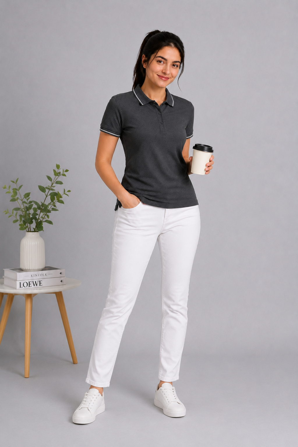 Attire Hub Womens Pure Cotton Charcoal (White Tipping) Solid Polo T-Shirt