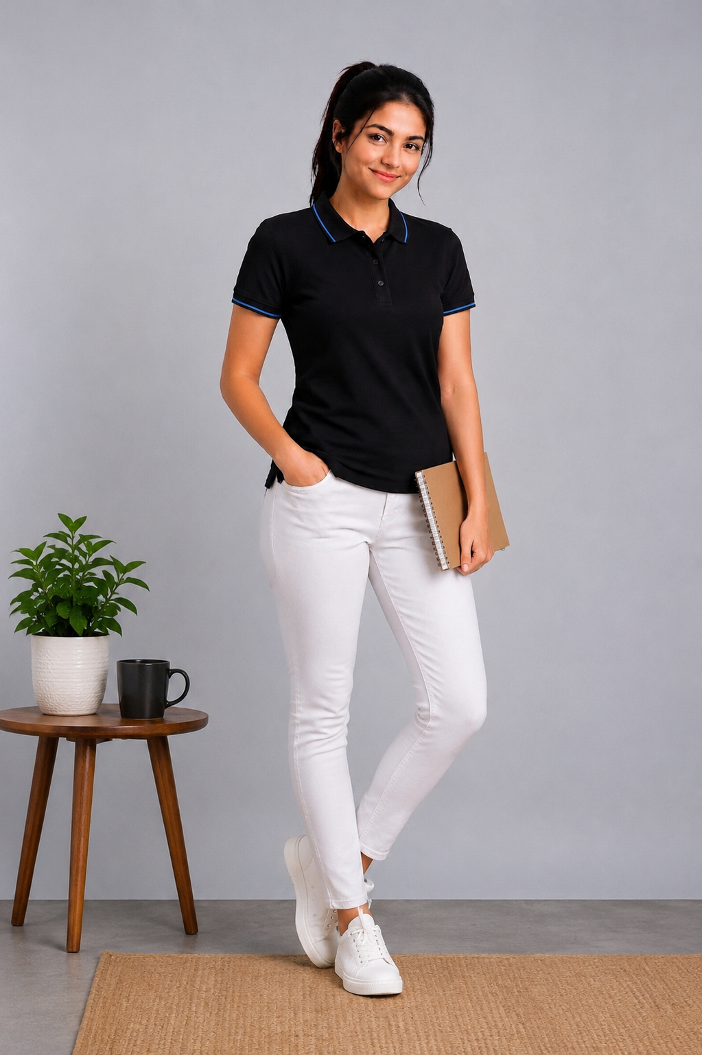 Attire Hub Womens Pure Cotton Black (Blue Tipping) Solid Polo T-Shirt