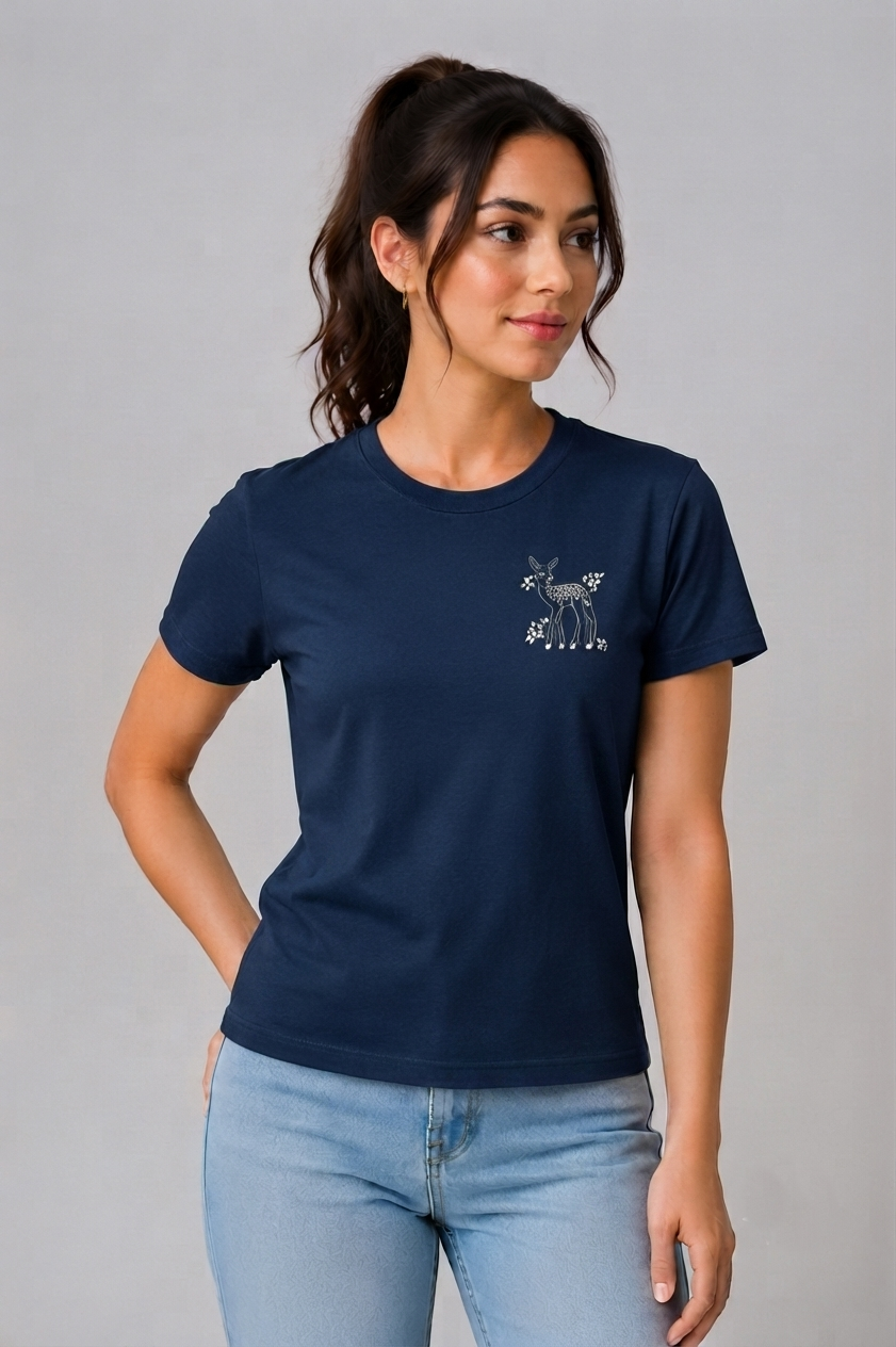 Attire Hub Womens Pure Cotton Navy Blue Deer Printed Round T-Shirt