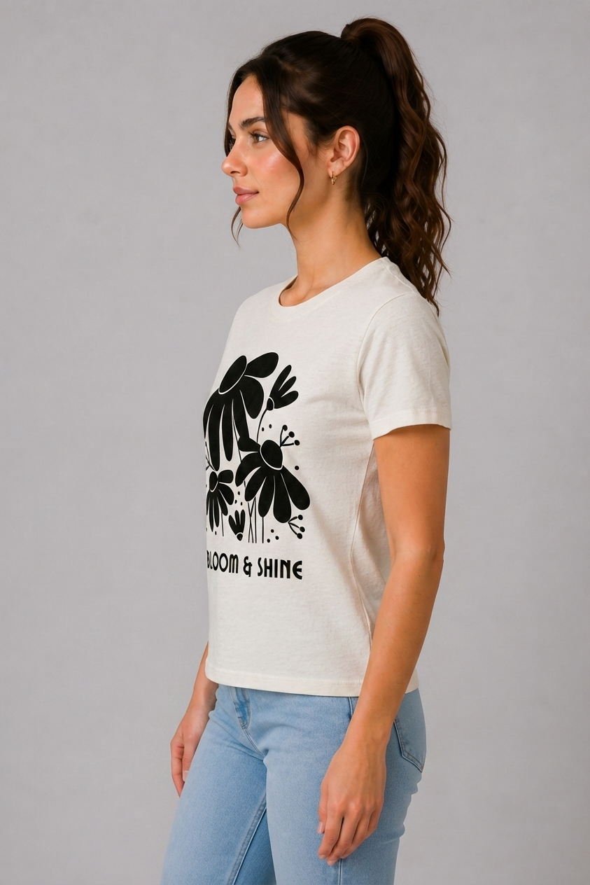 Attire Hub Womens Pure Cotton White Bloom and Shine Printed Round T-Shirt