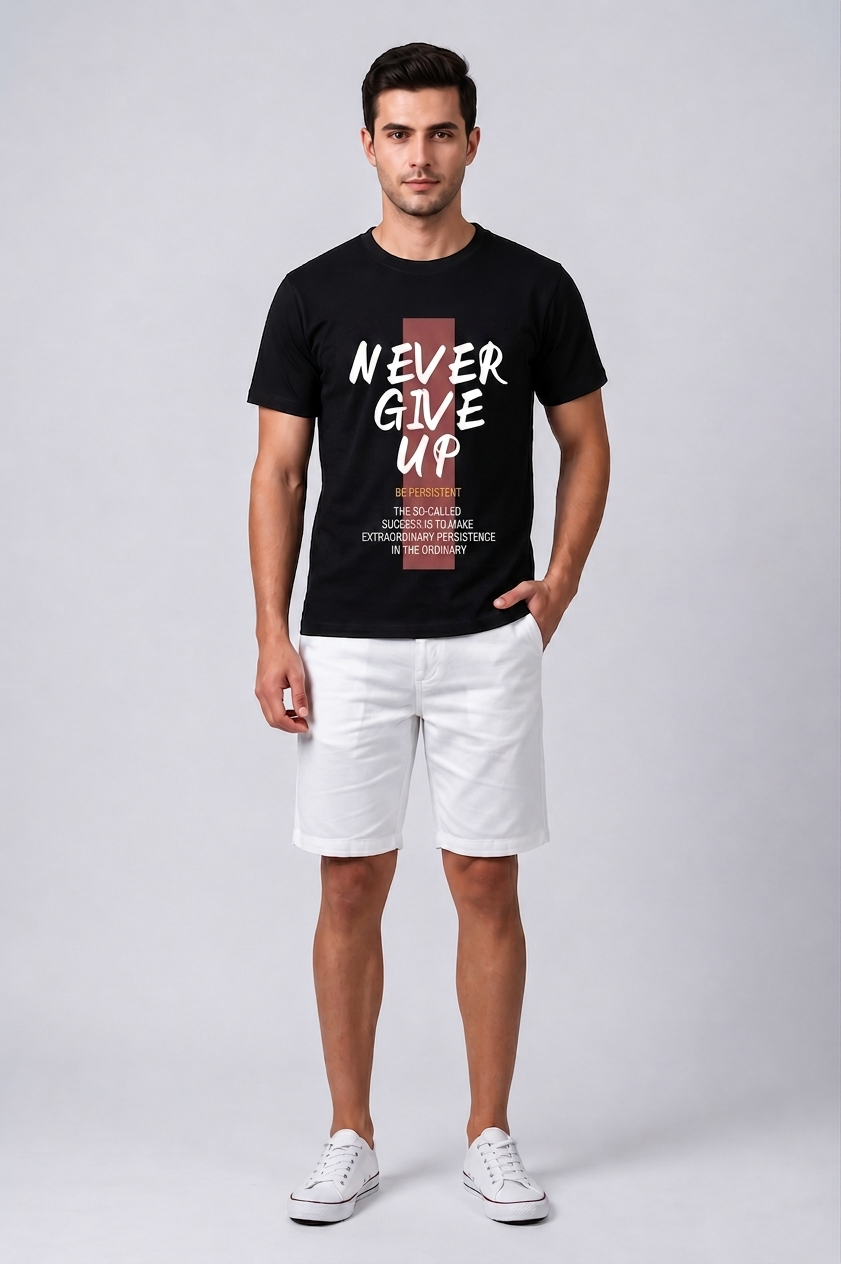 Attire Hub Mens Pure Cotton Black Neva Give Up Printed Round T-Shirt