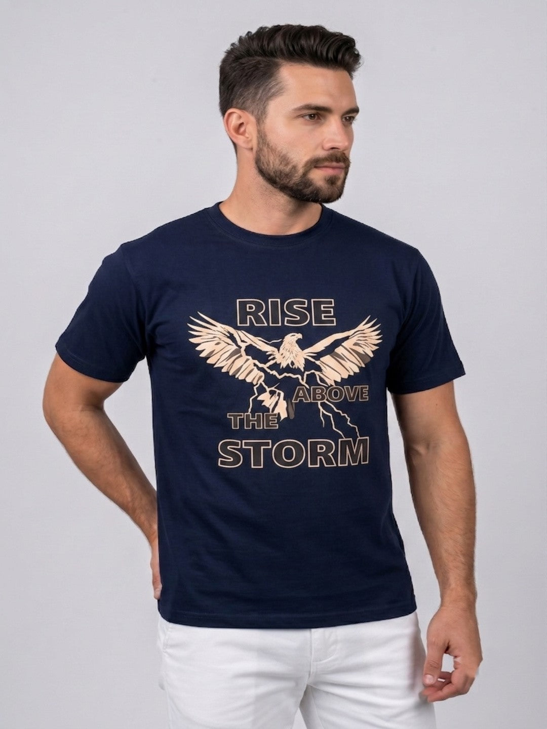 Attire Hub Mens Pure Cotton Navy Rise Storm Printed Round T-Shirt