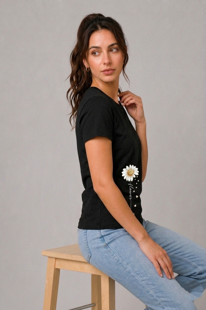 Attire Hub Womens Pure Cotton Black Long Daisy Printed Round T-Shirt