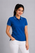 Attire Hub Womens Pure Cotton Royal Blue (White Tipping) Solid Polo T-Shirt
