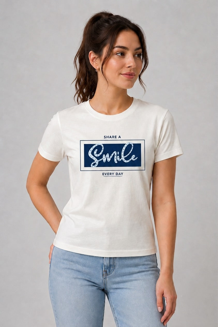 Attire Hub Womens Pure Cotton White Smile Printed Round T-Shirt