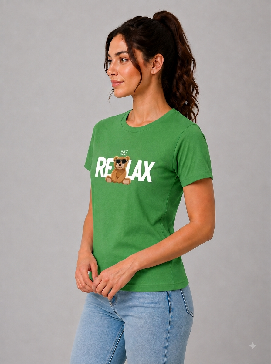 Attire Hub Womens Pure Cotton Grass Green Relax Printed Round T-Shirt