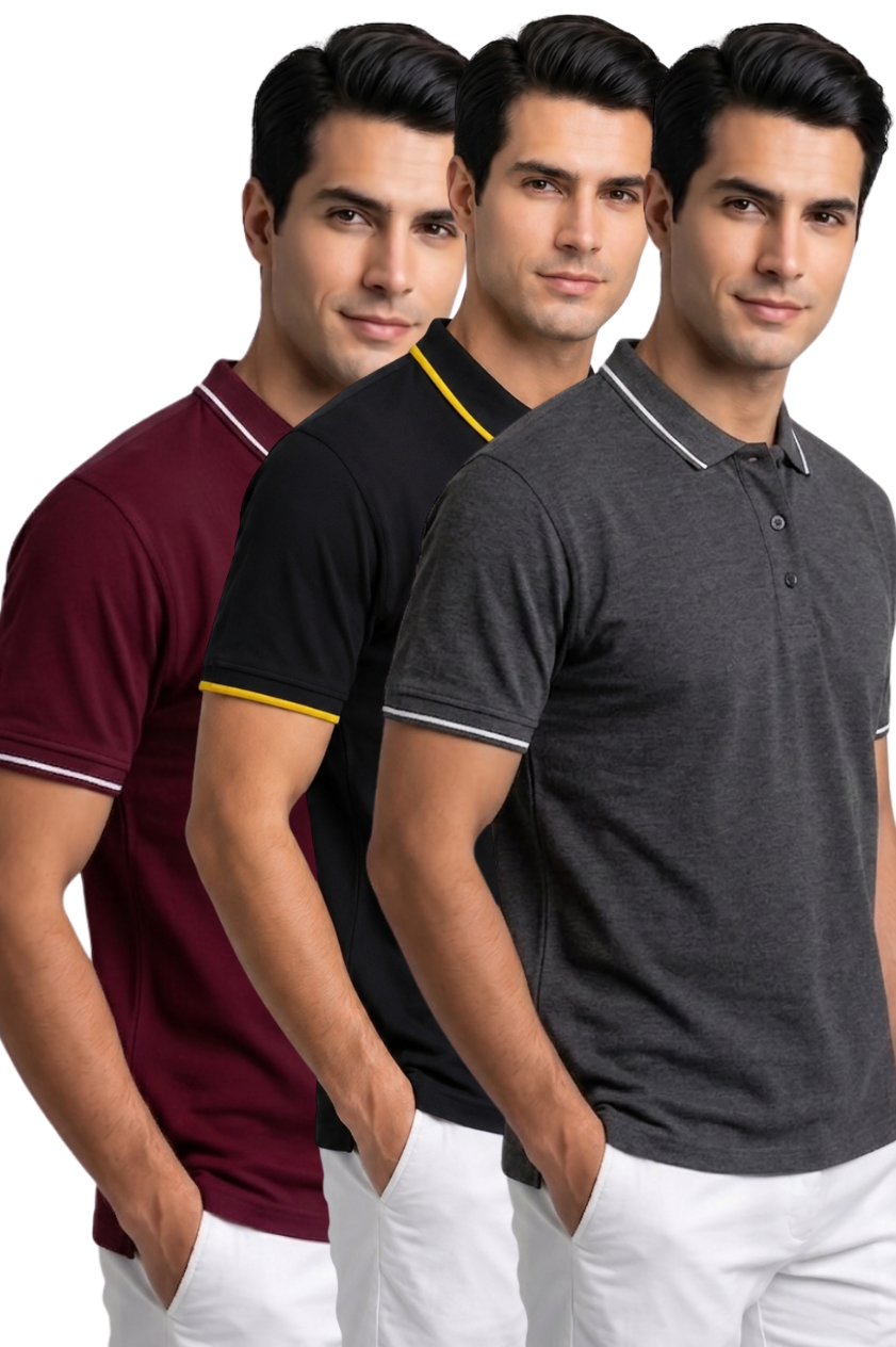 Attire Hub Mens Pure Cotton Multi Pack Polo Polo T-Shirt (Pack of 3)