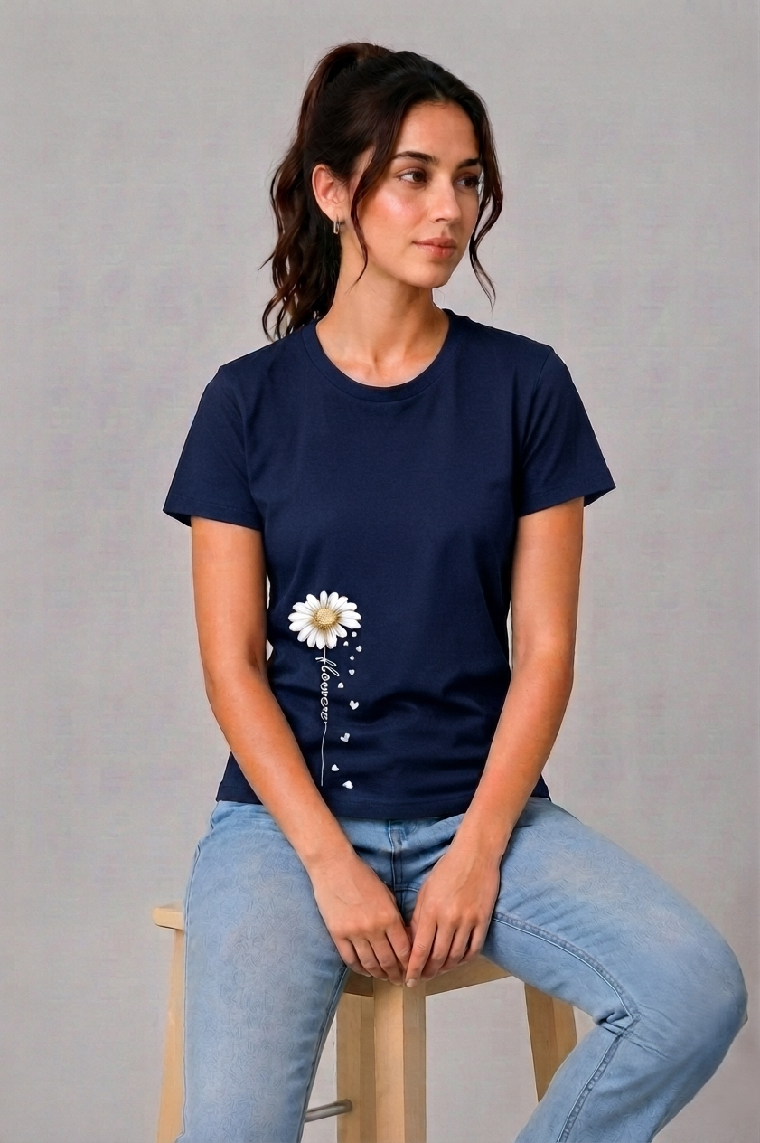 Attire Hub Womens Pure Cotton Navy Blue Long Daisy Printed Round T-Shirt