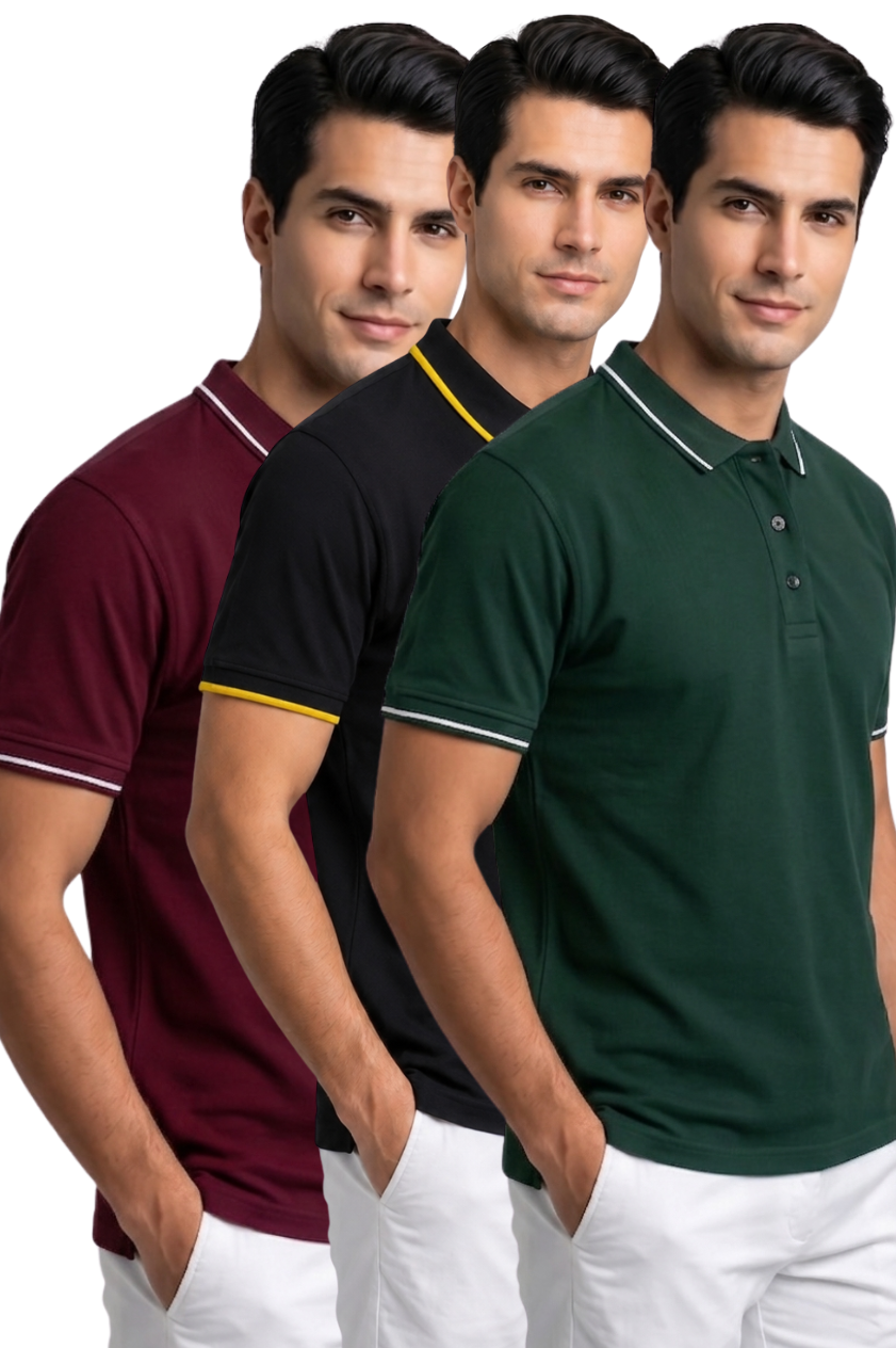 Attire Hub Mens Pure Cotton Multi Pack Polo Polo T-Shirt (Pack of 3)